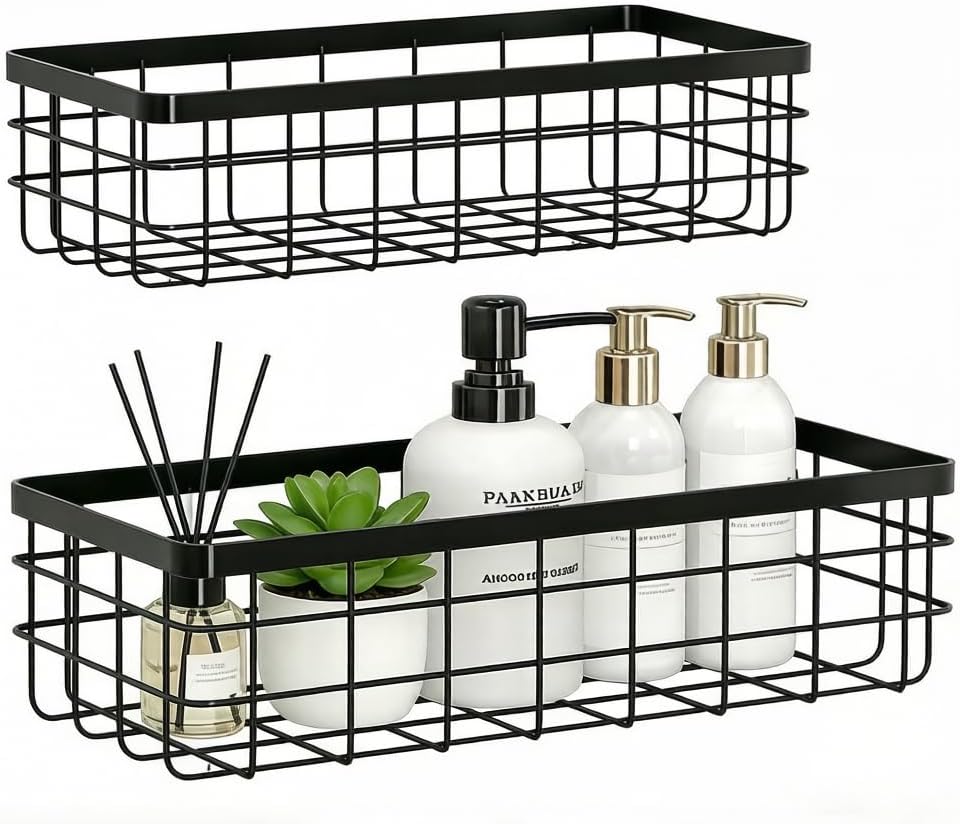 2PCS Adhesive Metal Wire Wall Storage Organizer Hanging Baskets Black M+L