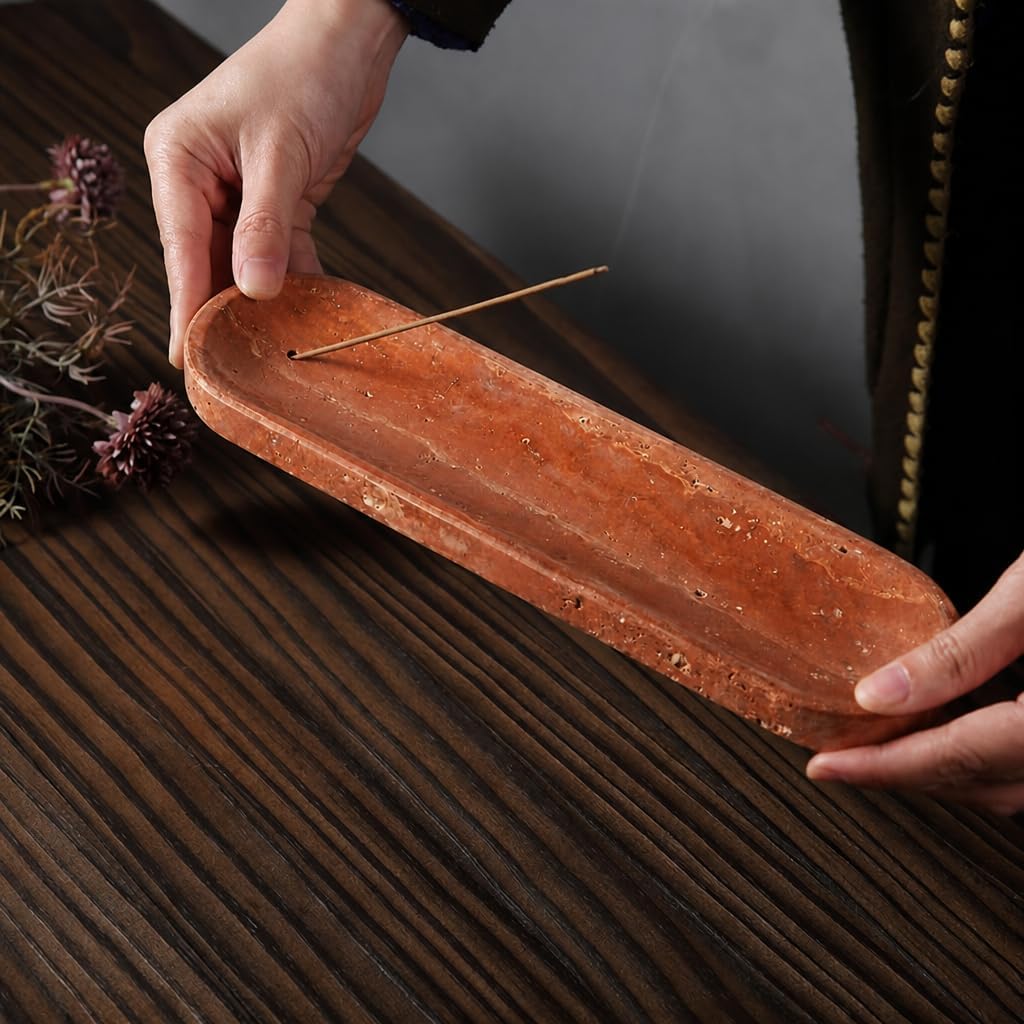 Koville Travertine Incense Holder, Incense Holder for Sticks, Long Incense Sticks Holder Ash Catcher for Meditation Yoga SPA, Natural Stone Incense Burner, Home Table Decor(Red)