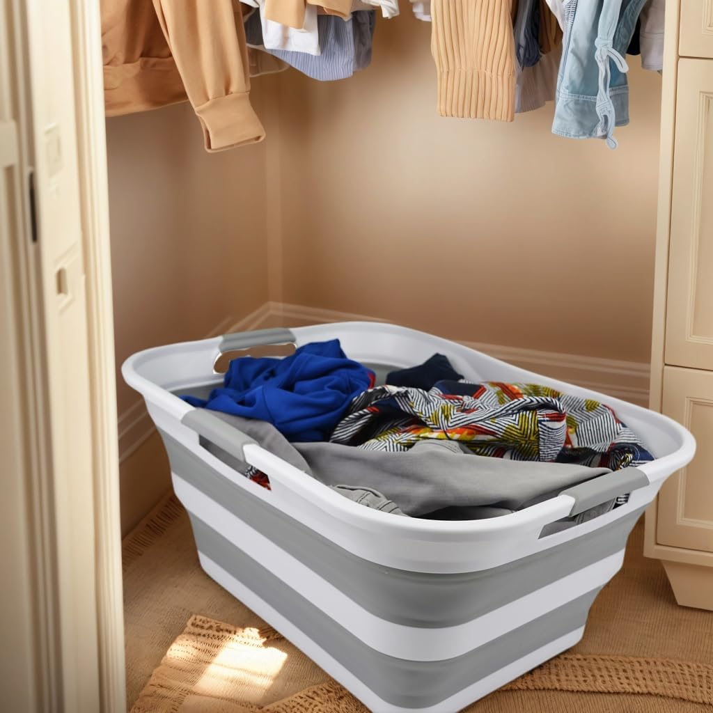 SAMMART 42L (11 gallon) Collapsible Plastic Laundry Basket - Foldable Pop Up Storage Container/Organizer - Portable Washing Tub - Space Saving Hamper/Basket (White/Grey)