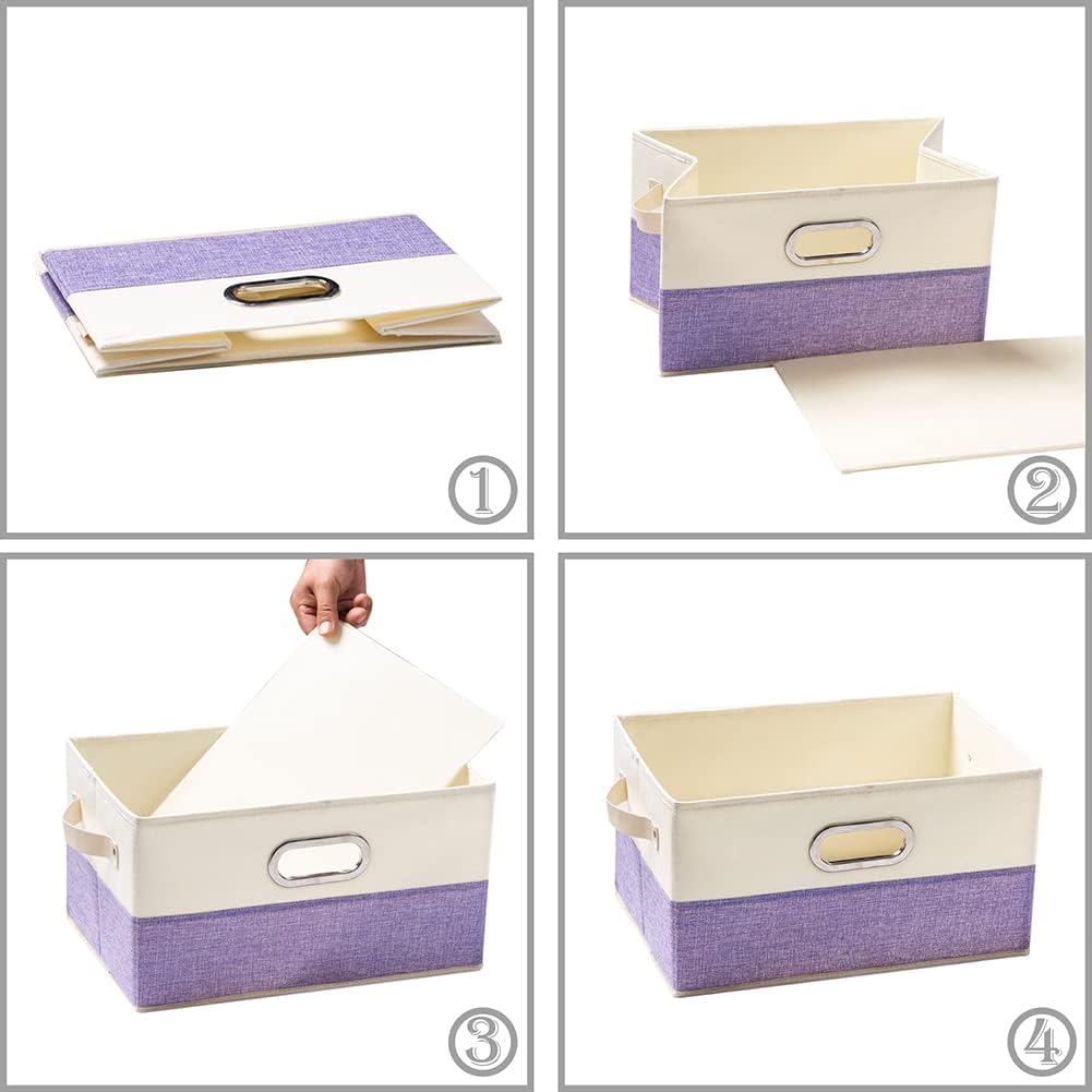 PRANDOM Fodable Storage Bins for Closet [3-pack] Decorative Fabric Storage Baskets Cubes with Leather/Metal Handles for Shelves Bedroom Living Room Purple&Cream (11.5x8.5x6.7 Inch)