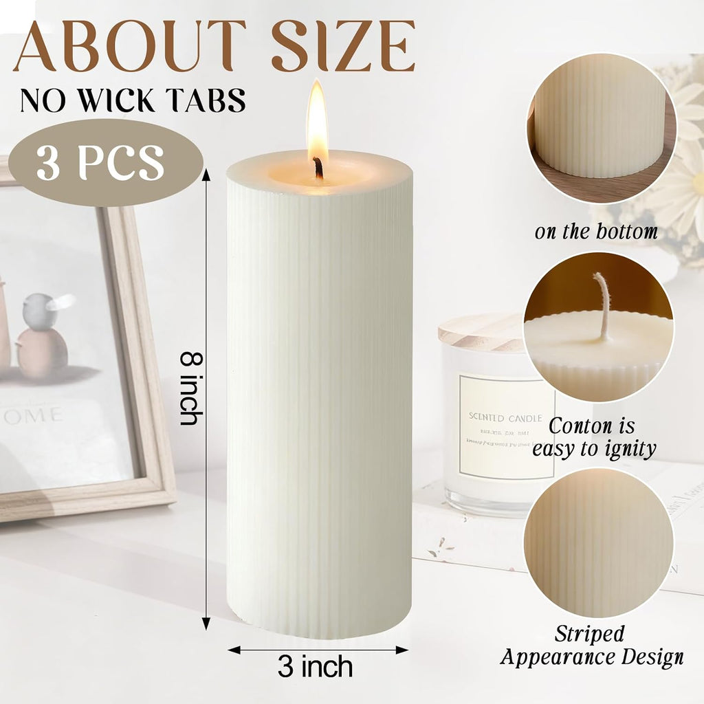 Tall Ribbed Pillar Candles 3x8 Inch 3 Pack White Soy