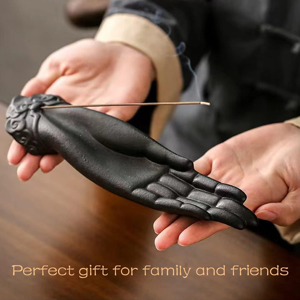 Ceramic Incense Holder for Sticks - Incense Burner Holder Zen Decor with Buddha Hand Design Protection from Evil - 10.2" L X 2.5" W X 1.2" H