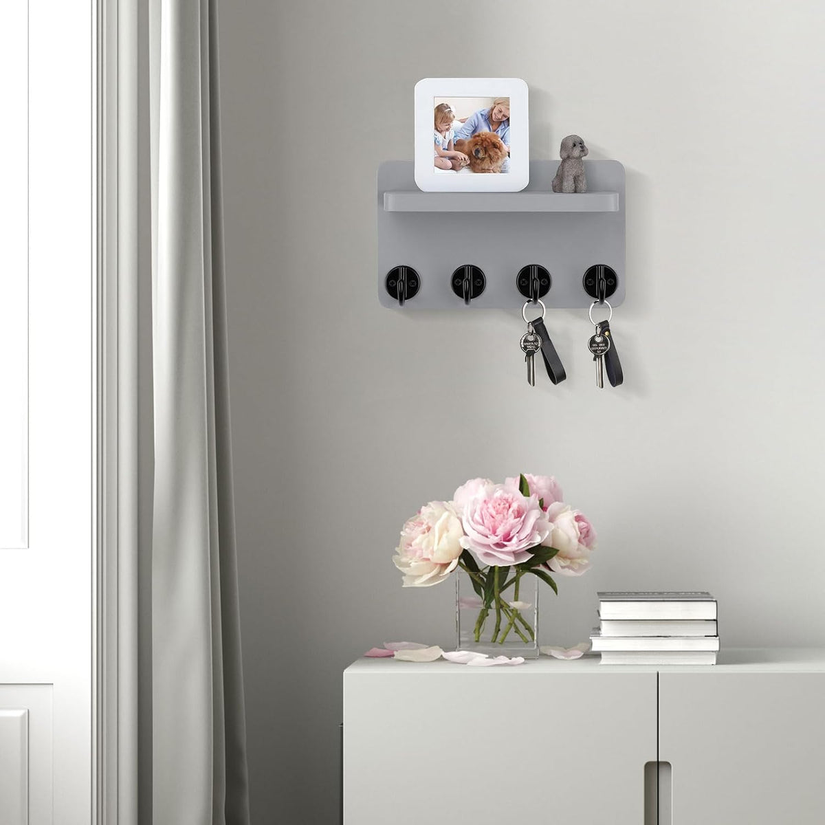 Nekon Key Holder Wall Mount, 8.5 Inch Wall Shelf, Gray