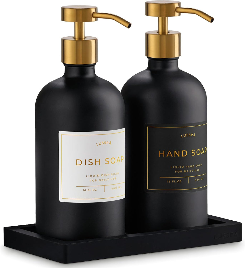 Glass Soap Dispenser Set of 2 (Black) with Silicone Tray | Hand and Dish Soap Dispenser for Kitchen and Bathroom | 16.8 Oz Glass Bottles with Stainless Steel Pump & 15 Waterproof Labels (Black/Gold)