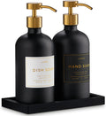 Glass Soap Dispenser Set of 2 (Black) with Silicone Tray | Hand and Dish Soap Dispenser for Kitchen and Bathroom | 16.8 Oz Glass Bottles with Stainless Steel Pump & 15 Waterproof Labels (Black/Gold)
