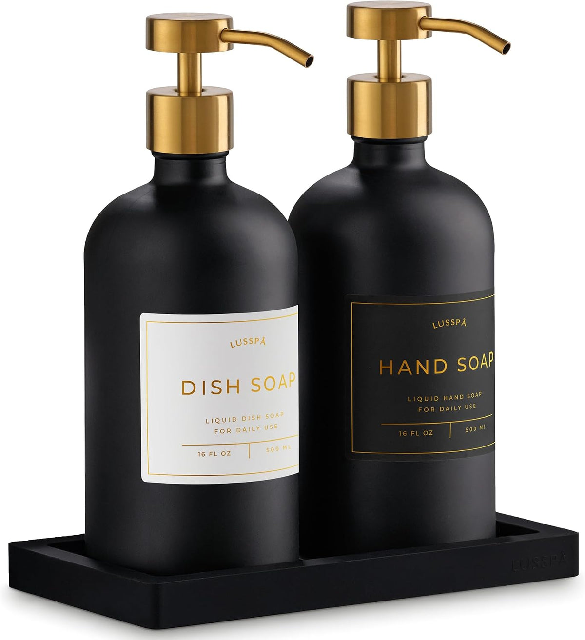 Glass Soap Dispenser Set of 2 (Black) with Silicone Tray | Hand and Dish Soap Dispenser for Kitchen and Bathroom | 16.8 Oz Glass Bottles with Stainless Steel Pump & 15 Waterproof Labels (Black/Gold)
