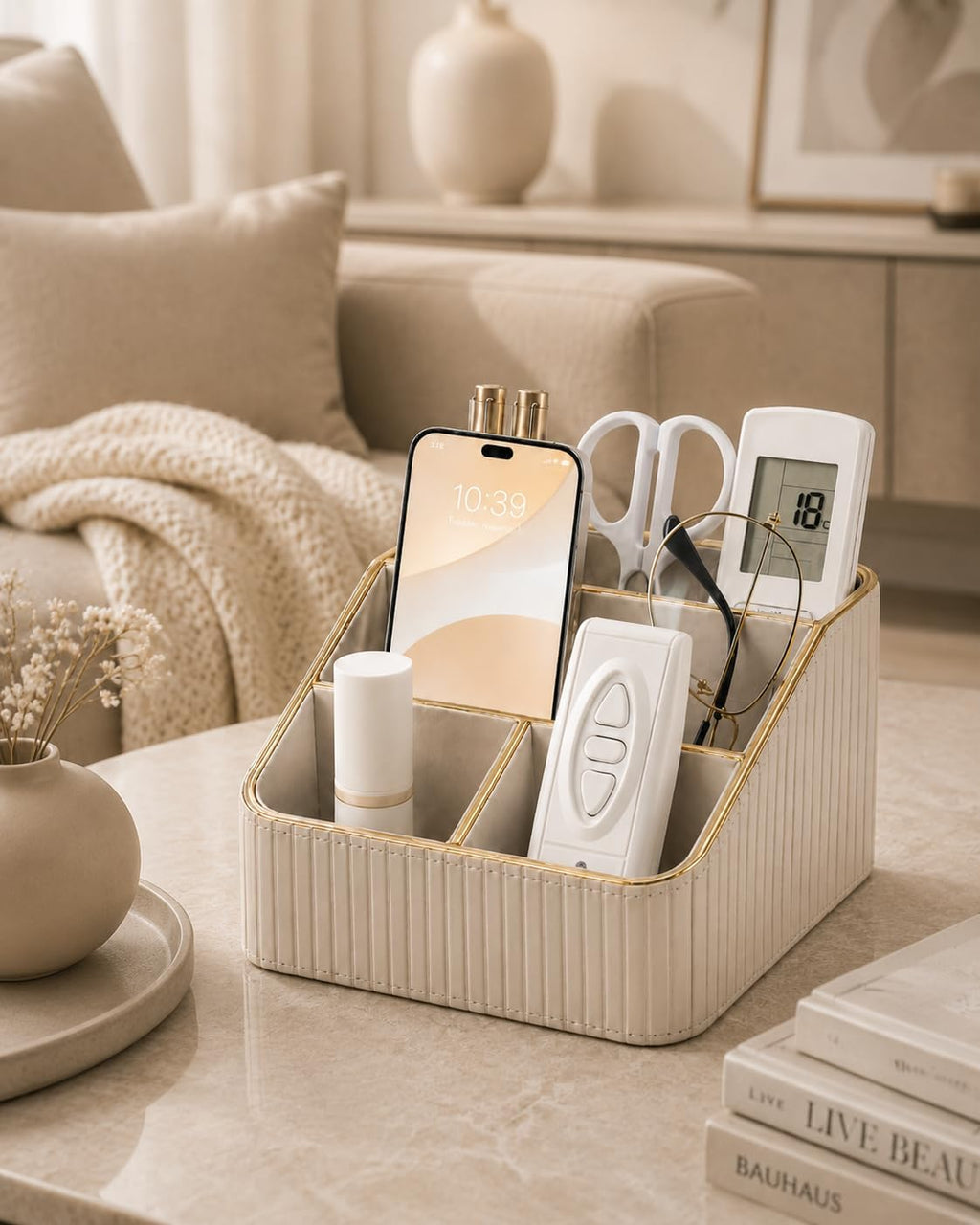 KINGFOM PU Leather Remote Control Holder, 4 Compartment Nightstand Organizer with Gold Trim, Small Desk Organizer for Office Supplies, Phone, Glasses, Pens, Bedside Table, Living Room Decor Beige