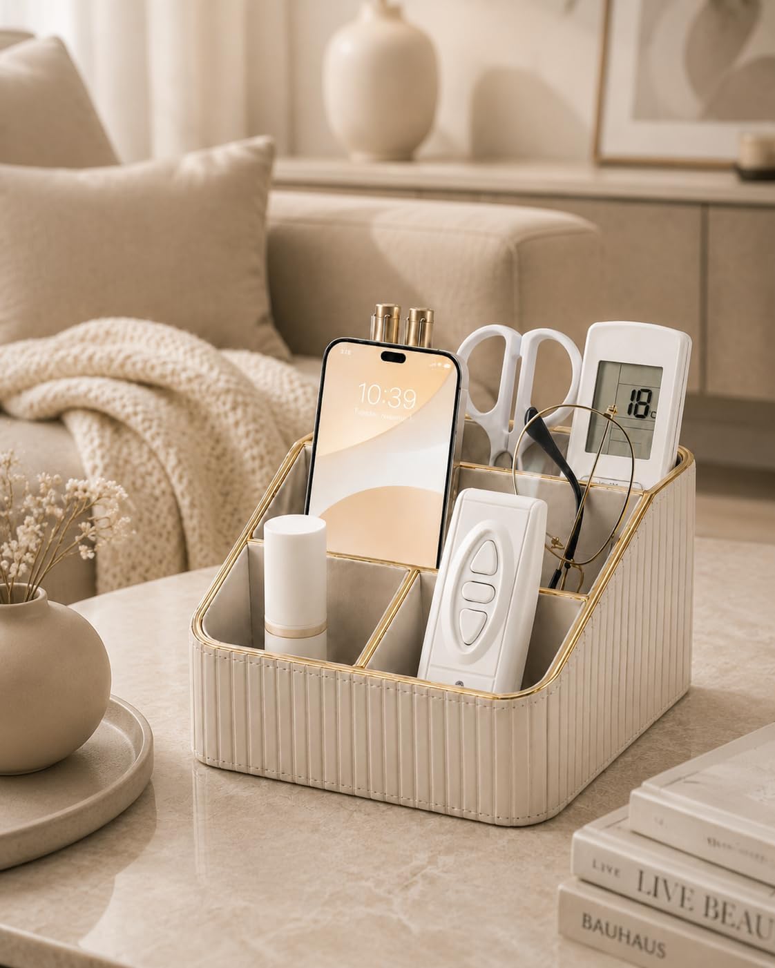 KINGFOM PU Leather Remote Control Holder, 4 Compartment Nightstand Organizer with Gold Trim, Small Desk Organizer for Office Supplies, Phone, Glasses, Pens, Bedside Table, Living Room Decor Beige