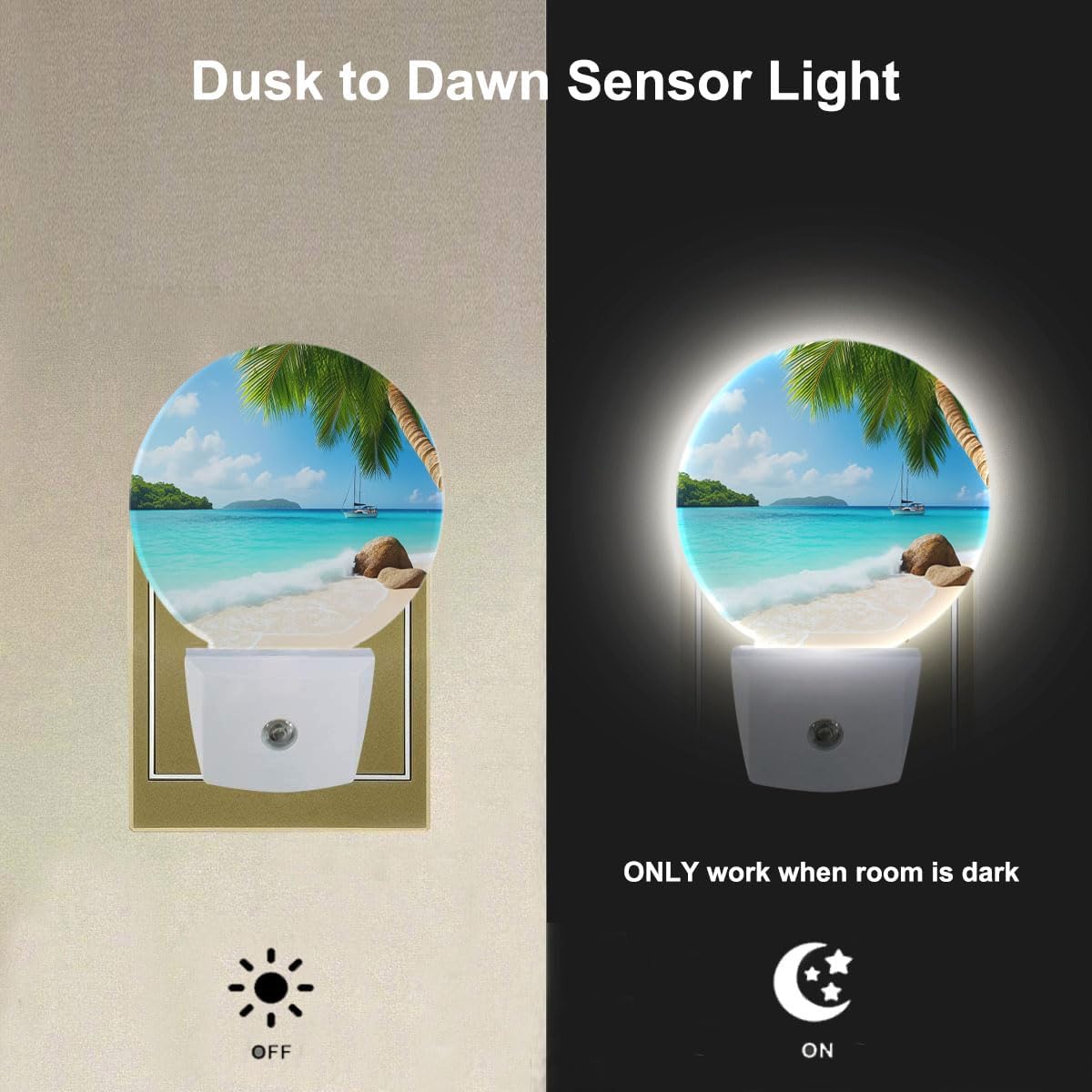 EKOBLA Palm Tree and Beach Night Light, Plug in Wall Light with Sensor