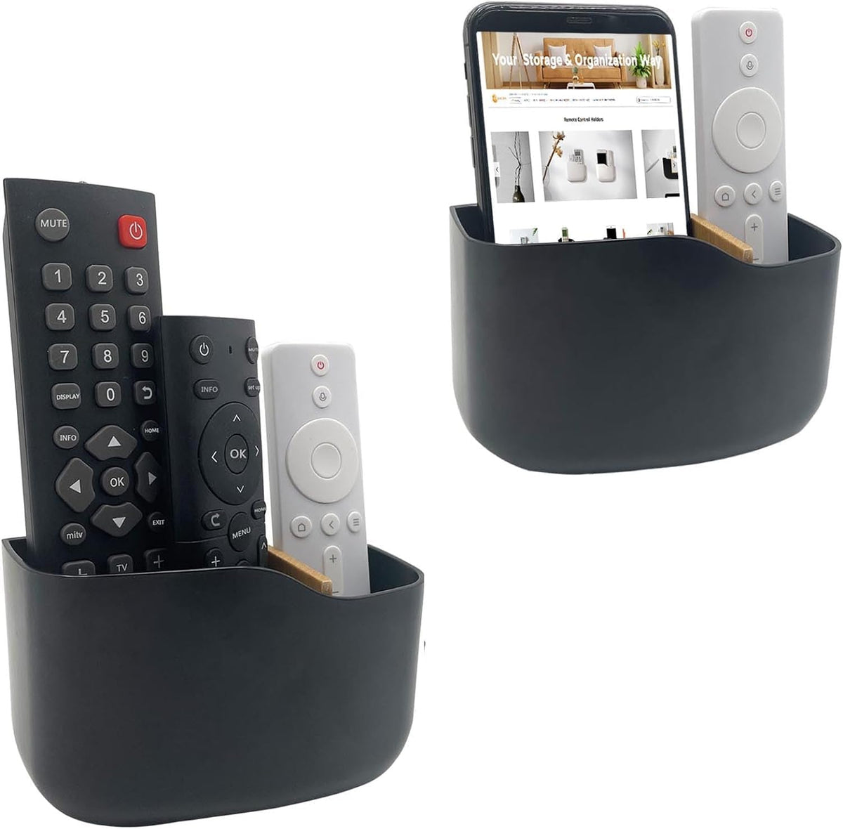SUNFICON Wall Mount Remote Holder TV FAN Remote Control Holder Bedside Caddy Wall Organizer Phone Holder for Office Adhesive Media Player Controller Holder Box Tray Home Desk Nightstand 2 PACK BLACK