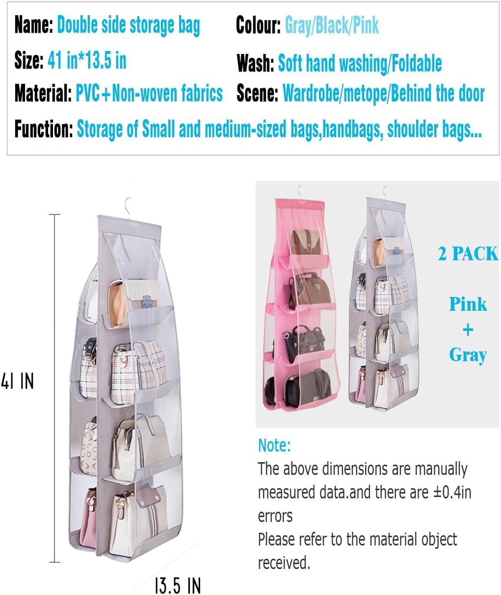 AARAINBOW 2 Packs Hanging Handbag Purse Organizer, Hanging Hand Bag Organizer Wardrobe Closet Purse Holder, 8 Pockets, 43.3L x 14.1W (B Gray Light Pink)