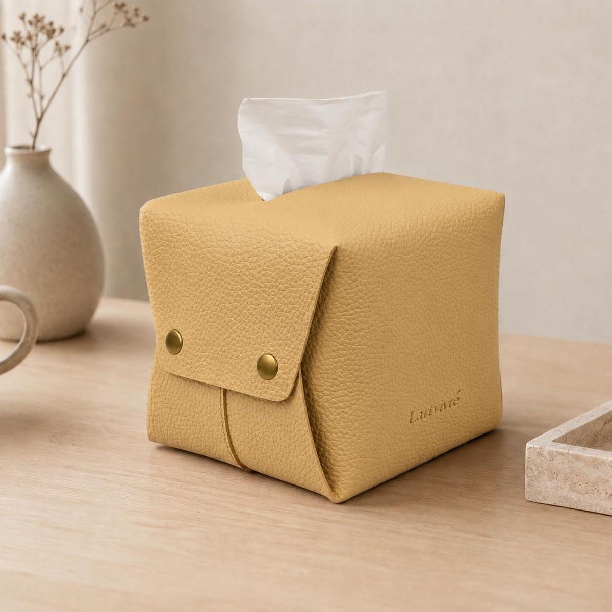 Grained Faux Leather Tissue Box Cover Square, Beige