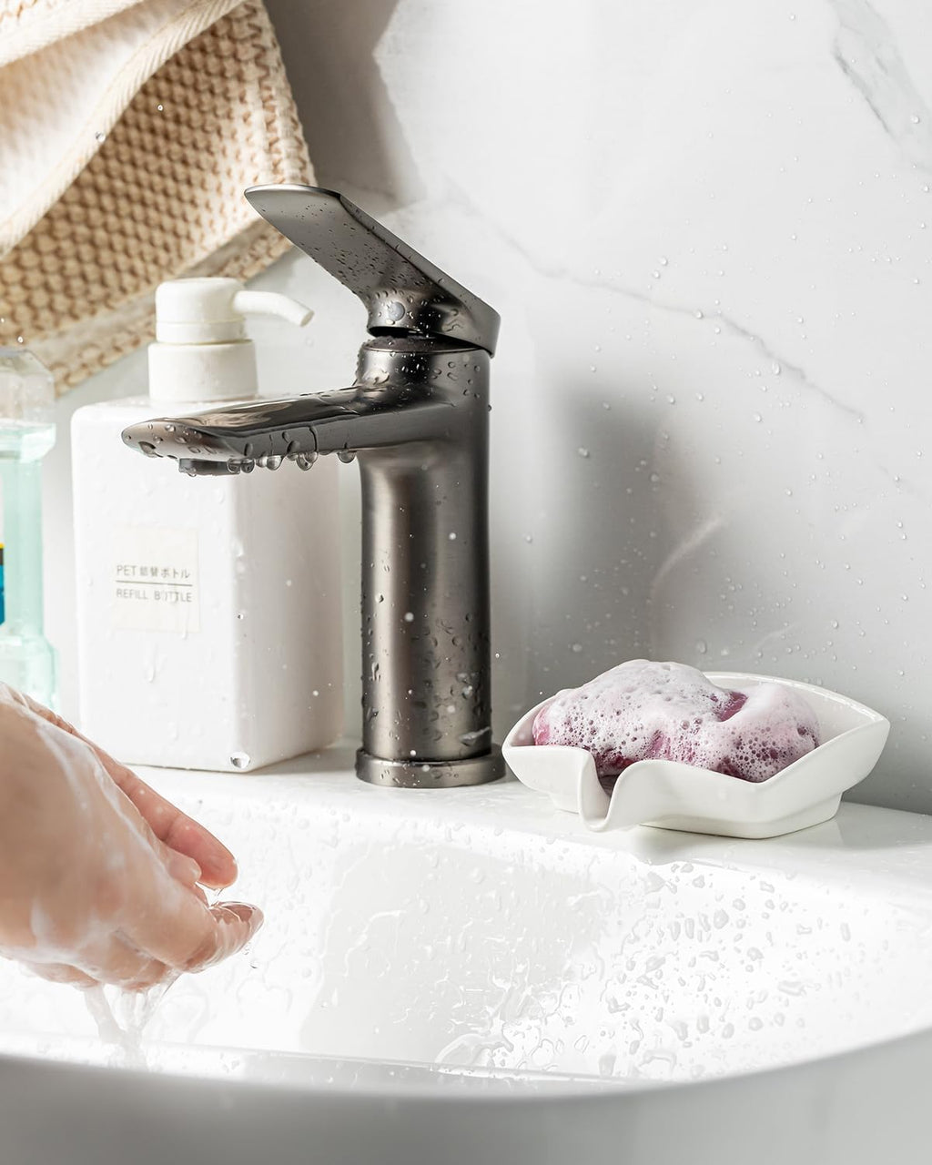 Zoeeker Soap Dish with Waterfall Design, Ceramic Soap Holder for Countertop