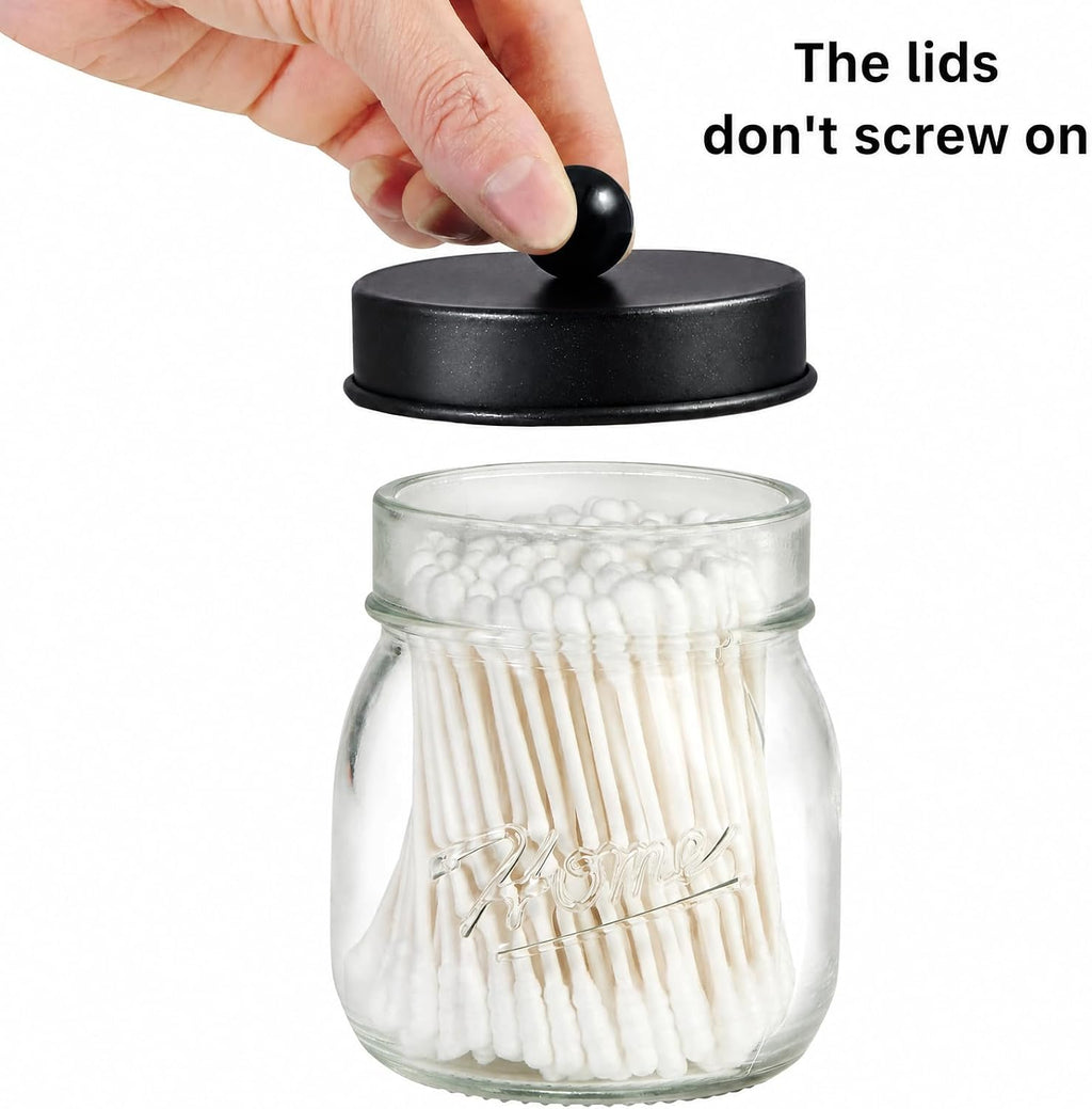 SheeChung 2 Pack Glass Mason Jar Qtip Holder, Black Stainless Steel Lids