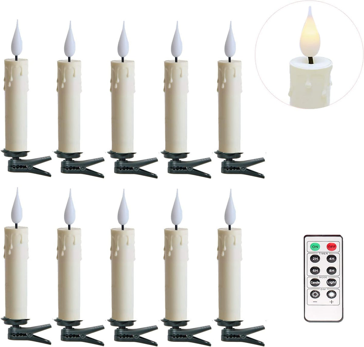Pack of 10 Clip On LED Taper Candle with 3D Flickering Flame, Battery Operated Taper Candle with Clips and Remote, Plastic, Ivory