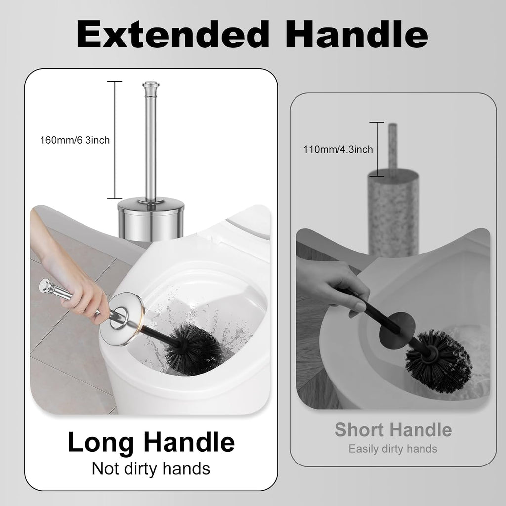 Silver Toilet Brush and Holder，Long Handled Gold Toilet Brush for Bathroom，Stainless Steel Heavy Duty Toilet Bowl Brush,Removable Inner Bowl,Deep Cleaning Dense Bristles Cleaner Brush -Space Saving