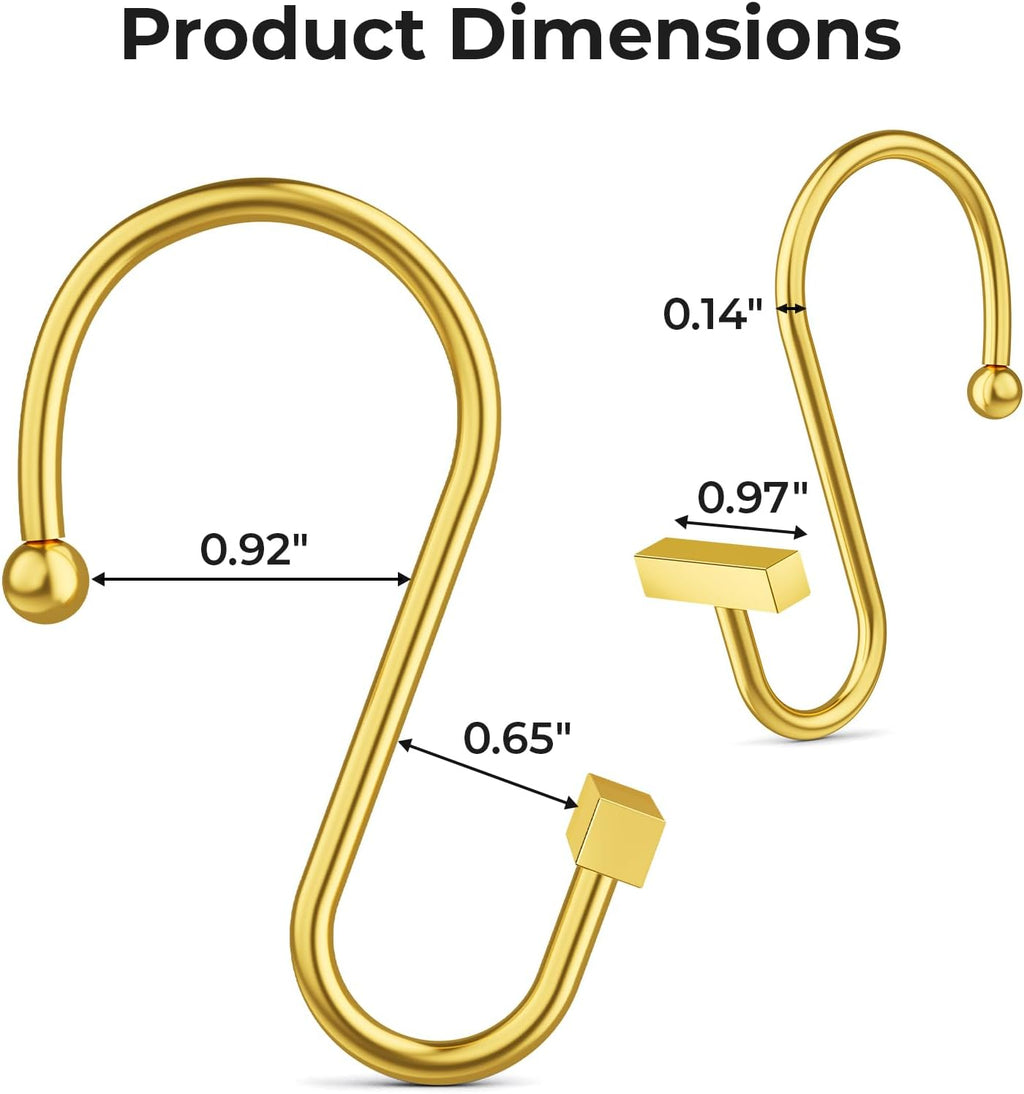 Warm Gold Shower Curtain Hooks, Bathway Shower Curtain Rings Rust Proof, 12PCS Shower Hooks for Shower Curtain, T-Bar Design Convenient Elegant Shower Curtain Hangers for Bathroom Kitchen Wardrobe