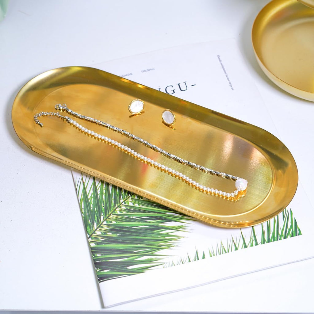 12inch Large Decorative Tray, Thicken Stainless Steel Bathroom Vanity Tray for Dresser Counter, Oval Jewelry Perfume Cosmetics Trays Organizer (Gold)