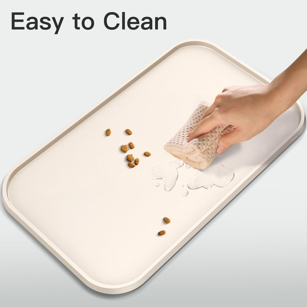 Feedoo Pet Feeding Mat [Warped Resistant Raised Edge], Water-Proof Silicone Placement for Food Water Bowls, Anti-Slip Base Protect Floor, BPA-Free&Dishwasher-Safe [23.5x13.5inch Large, White Sand]