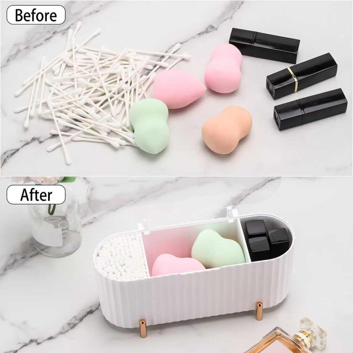 Tecbeauty Qtips Holder, 3 Grids Separate Cotton Swabs Ball Dispenser, Storage Box, Jar for Cotton Pads Bathroom Organizer Canisters - White