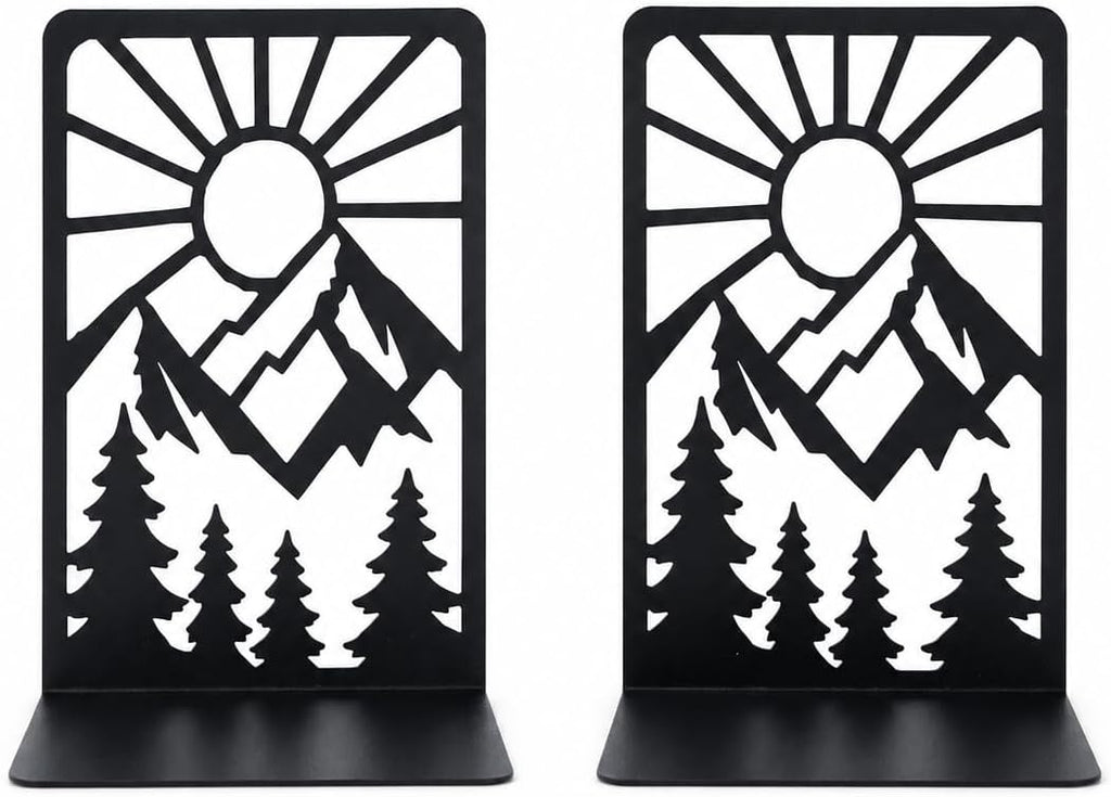 Mountain and Forest Sunrise Bookends, Set of 2 (1 Pair), Matte Black Metal Book Ends for Shelves, Bookshelf, Desk and Home Library Decor