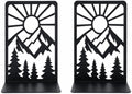 Mountain and Forest Sunrise Bookends, Set of 2 (1 Pair), Matte Black Metal Book Ends for Shelves, Bookshelf, Desk and Home Library Decor