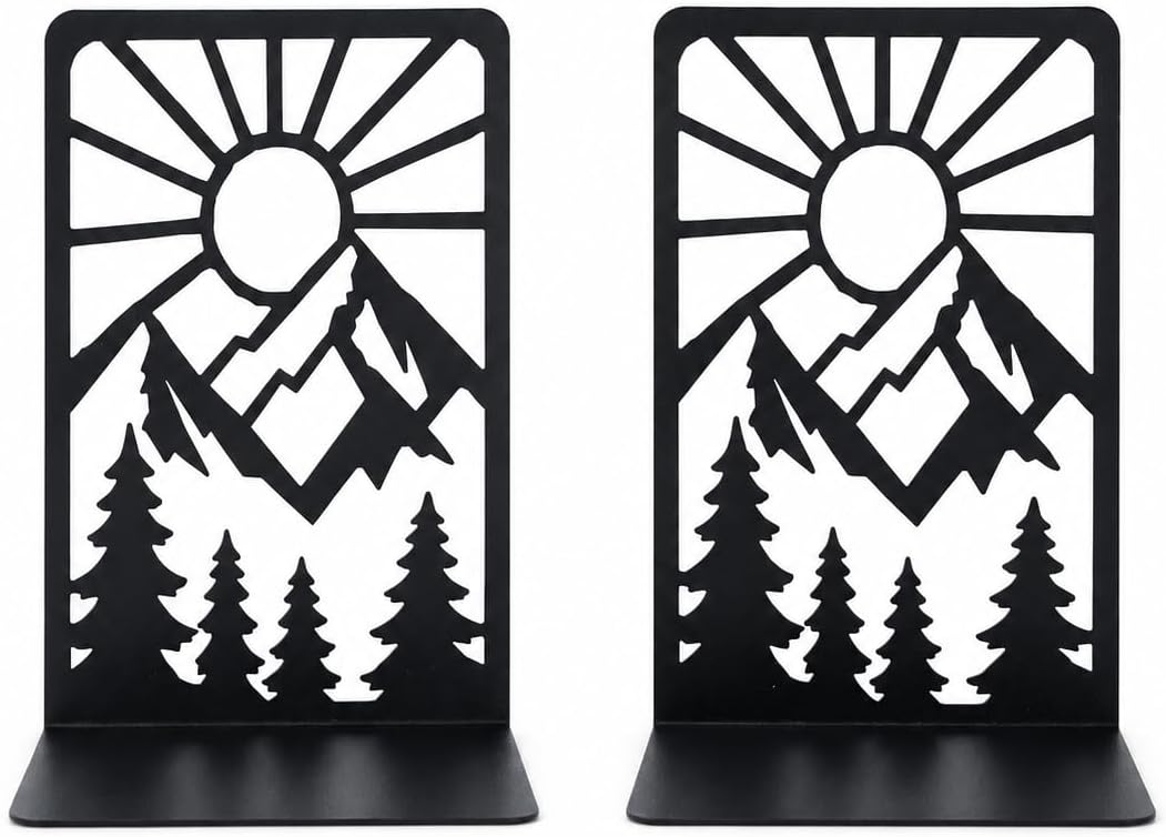 Mountain and Forest Sunrise Bookends, Set of 2 (1 Pair), Matte Black Metal Book Ends for Shelves, Bookshelf, Desk and Home Library Decor