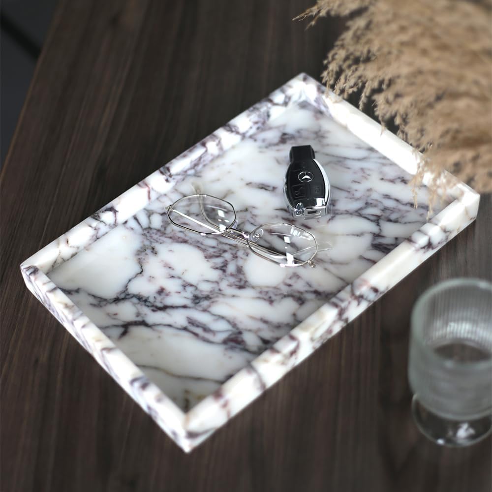Luxurious Natural Marble Tray Hand Towel Organizer for Disposable Paper Napkins, Jewelry, Makeup Bathroom Vanity Sink Comestic Holder Bathtub Decorative Organizer Perfume Tray/Calacatta Viola