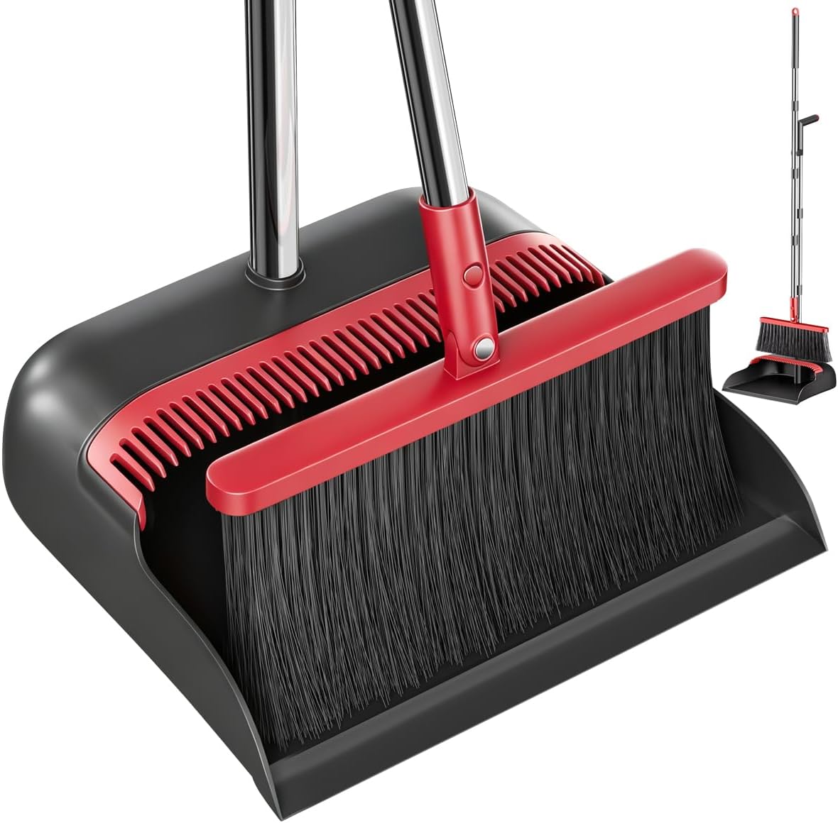 Broom and Dustpan Set, 52" Long Handle with Dust Pan Teeth, Red