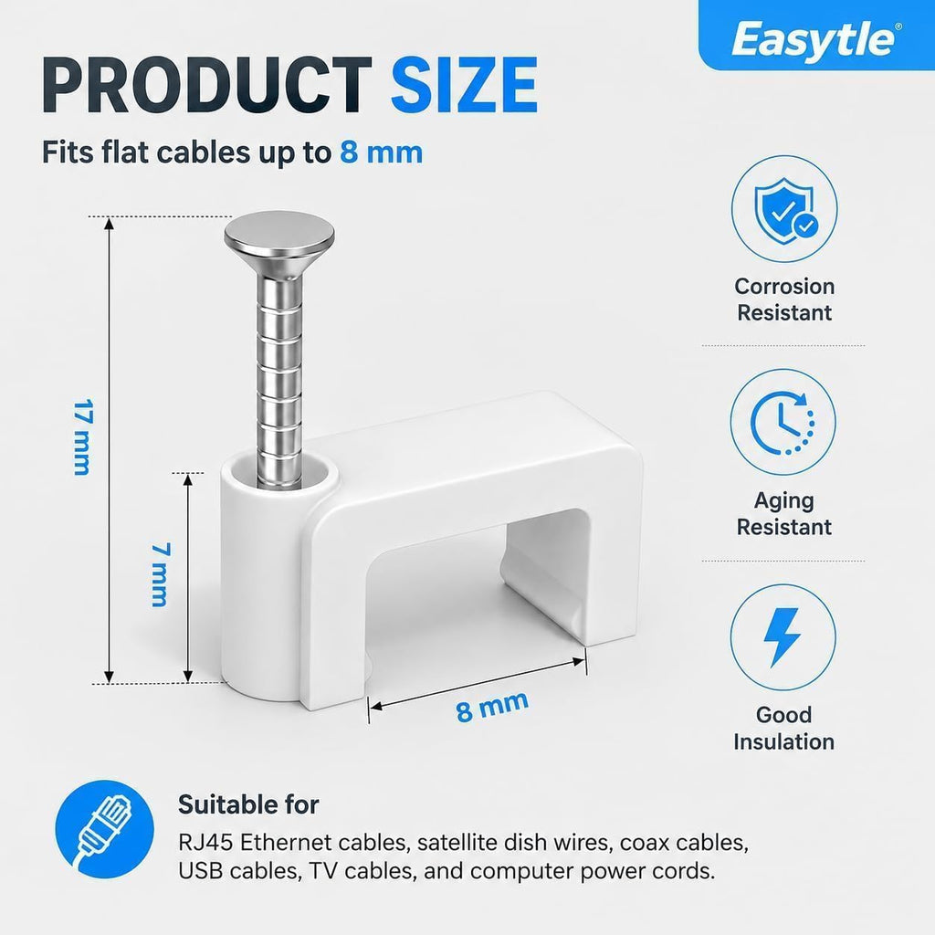 Easytle 200 Pcs 8mm Cable Clips Nail in Flat Ethernet Cable Wall Clips for Cords Cat5/Cat5e/Cat6/Cat7 RJ45 Coax Speaker Wire