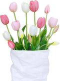 15 Pcs White-Light Pink-Light Purple Artificial Tulips Fake Flowers, Premium Latex Lifelike Texture, UV Resistant Waterproof Faux Tulip Bouquets with Snap-on Petals for Outdoor, Home, Wedding Decor