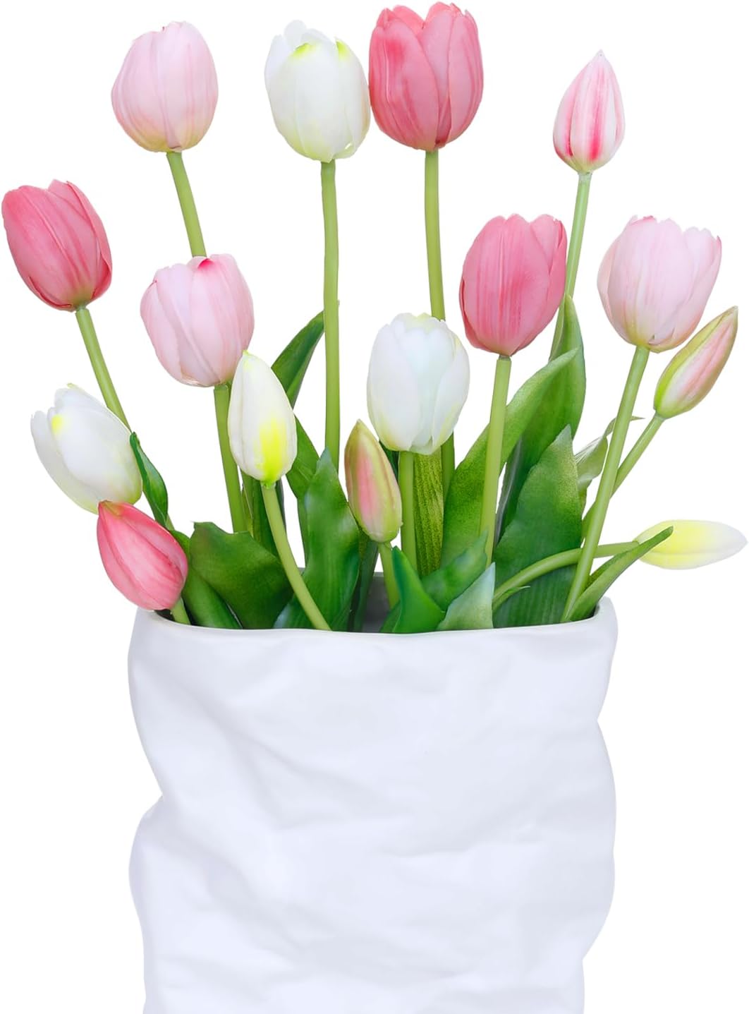 15 Pcs White-Light Pink-Light Purple Artificial Tulips Fake Flowers, Premium Latex Lifelike Texture, UV Resistant Waterproof Faux Tulip Bouquets with Snap-on Petals for Outdoor, Home, Wedding Decor