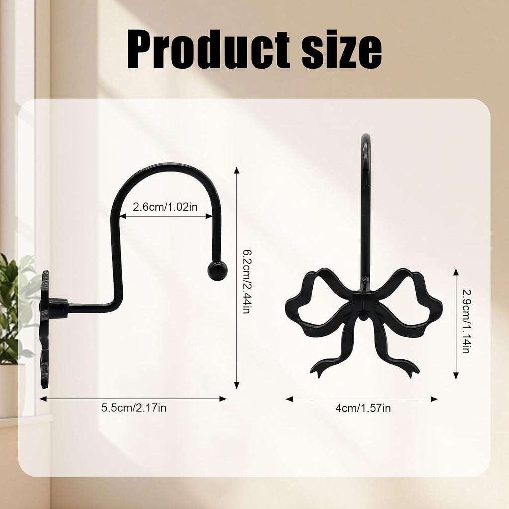 Bow Decorative Shower Curtain Hooks, Fashion Bowknot Shower Curtain Rings, Modern Bow Shower Curtain Hangers, 12PCS Shower Hooks for Shower Curtain, Home Decor, Bathroom, Bedroom, Living Room (Black)