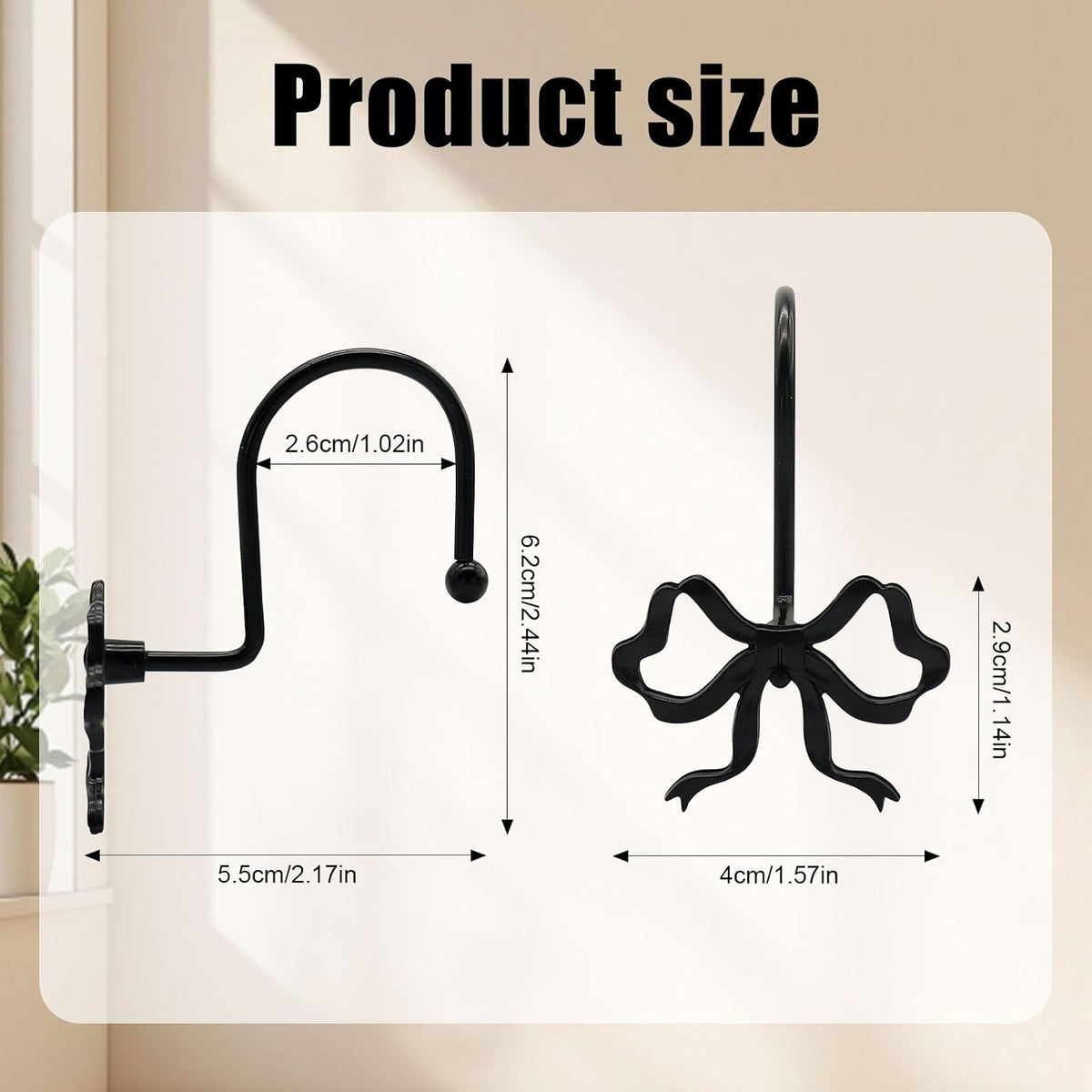 Bow Decorative Shower Curtain Hooks, Fashion Bowknot Shower Curtain Rings, Modern Bow Shower Curtain Hangers, 12PCS Shower Hooks for Shower Curtain, Home Decor, Bathroom, Bedroom, Living Room (Black)