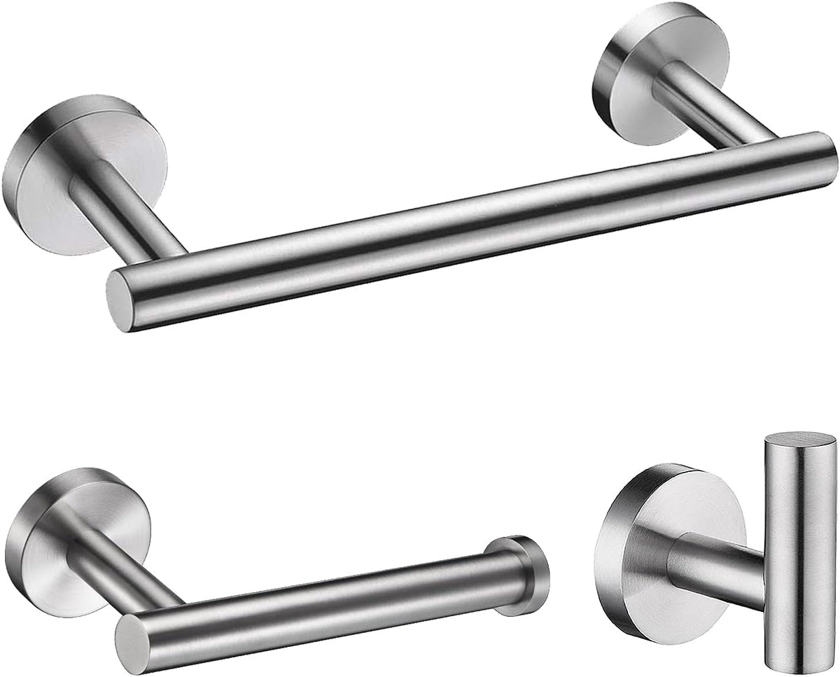Nolimas 3-Pieces Set Brushed Nickel Bathroom Hardware SUS304 Stainless Steel Round Wall Mounted - Includes 12" Hand Towel Bar, Toilet Paper Holder, Robe Towel Hooks,Bathroom Accessories Kit