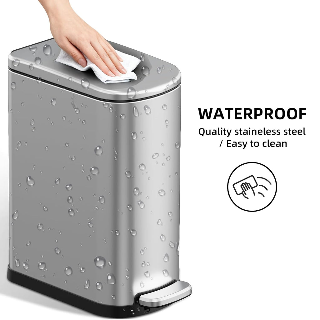 2.6 Gal Bathroom Trash Can with Soft Close Stay Open Lid, Small Rectangular 10L Stainless Steel Waste bin for Narrow Space, Waterproof, Matte Silver