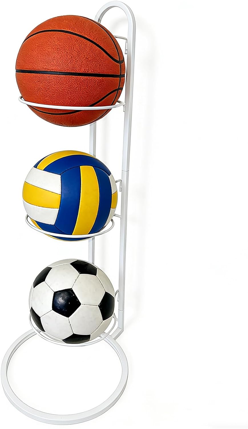 Ball Storage Rack, White Metal, 4-Tier Vertical Organizer for Basketball, Soccer, Volleyball, Sports Equipment Holder (4-Tier)