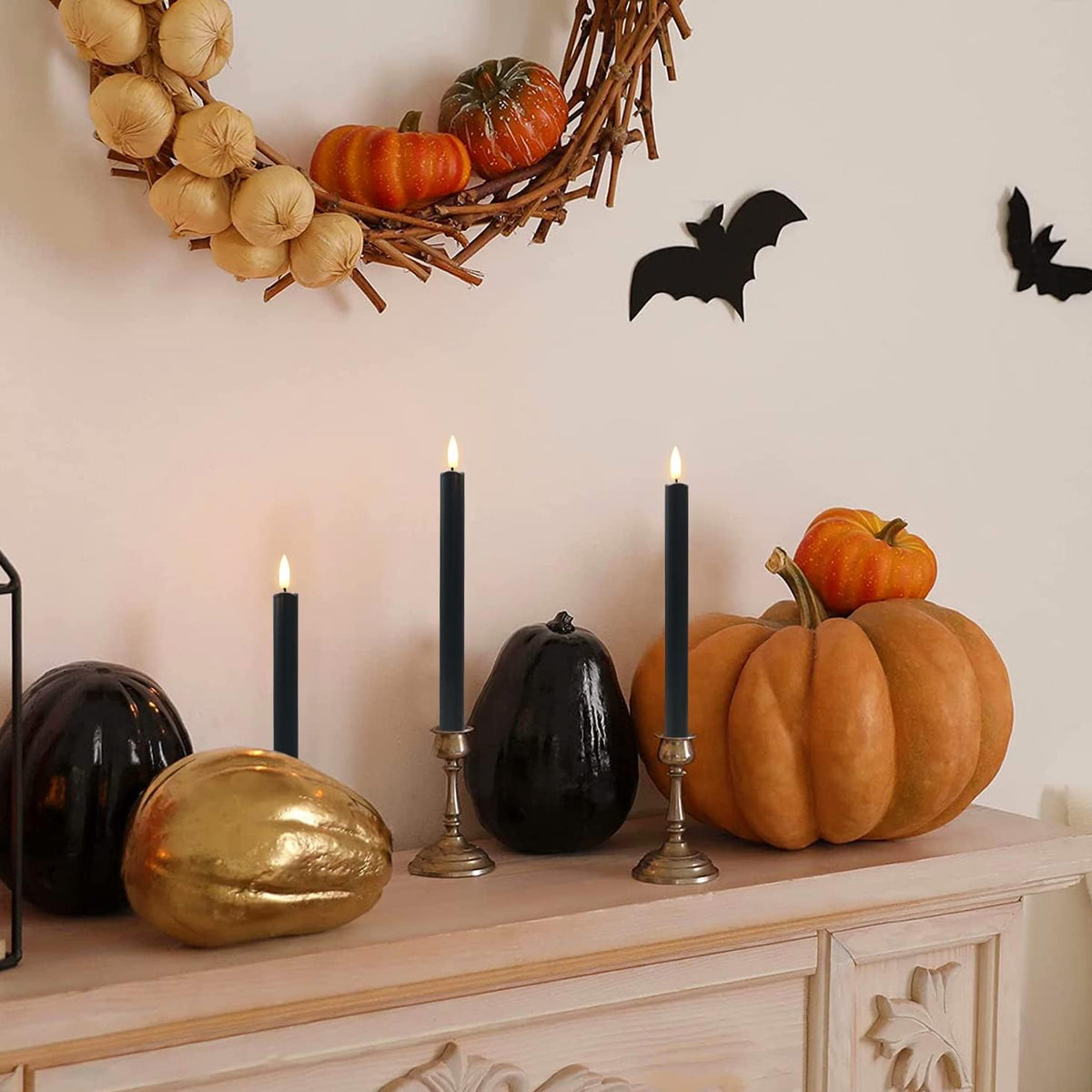 Halloween Decorations, Black Flameless Taper Candles with Remote, Set of 6