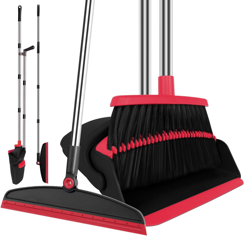Broom and Dustpan Combo Set, 51" Long Handle with Silicone Squeegee