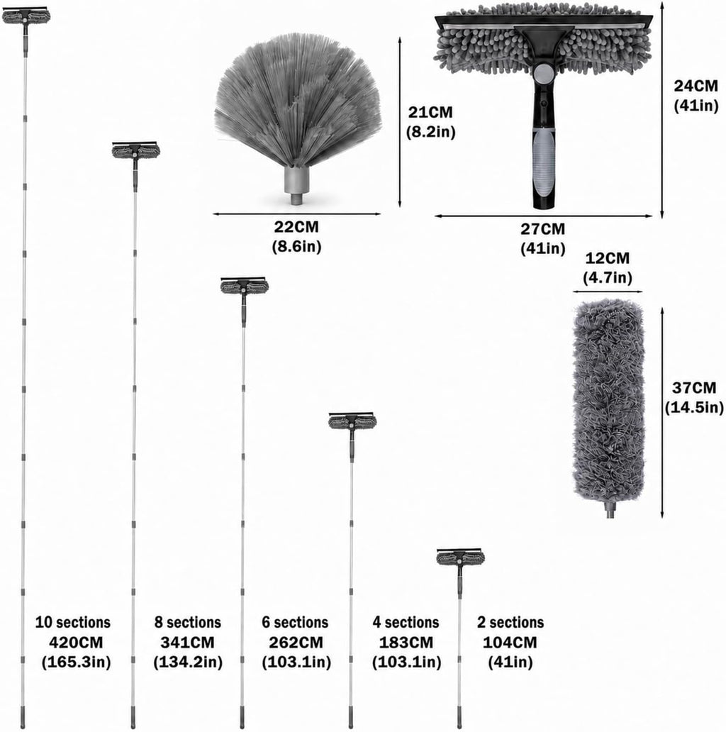 Cobweb Duster with Extension Pole,Window Squeegee, 3-in-1 Kit