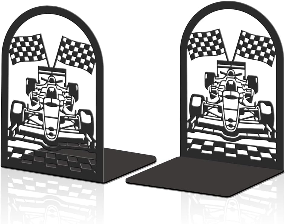 2pcs Book Ends Formula Car Metal Bookends Heavy Duty Book Stoppers Non-Slip Bookend Office for Small Large Heavy Books Textbooks Black