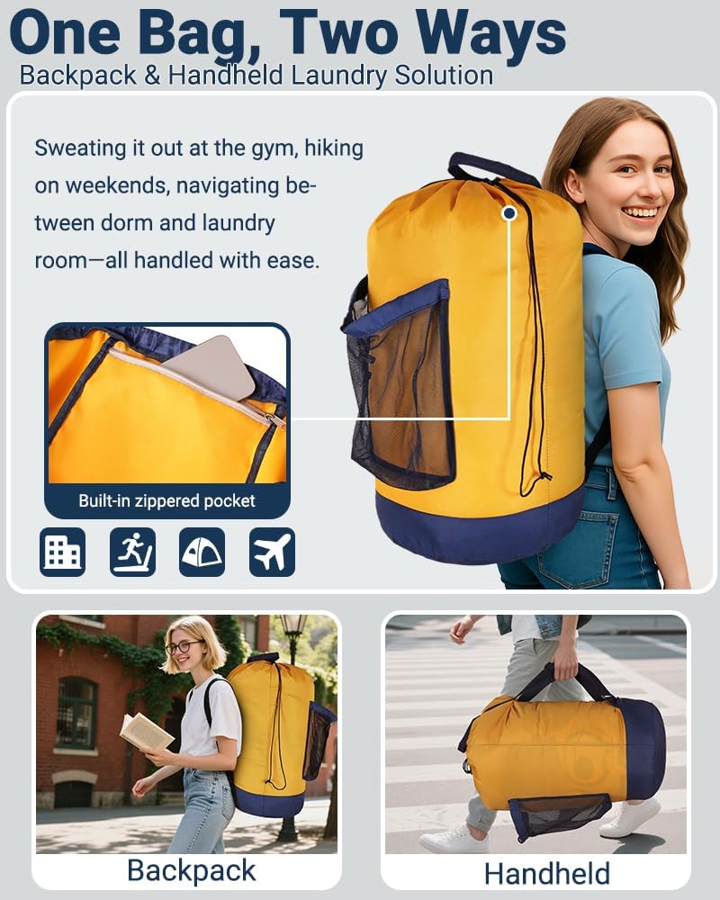 Laundry Bag with Shoulder Straps and Mesh Pocket Laundry Backpack Large Portable Laundry Hamper for College Laundromat Apartment