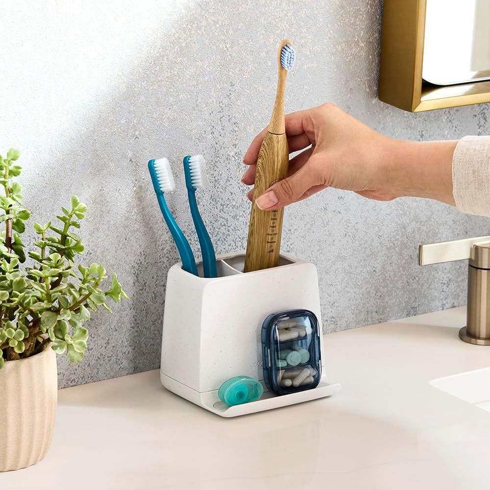 YouCopia The Ledge Toothbrush Holder, 2-Slot, Bathroom Vanity Counter Organizer with Cord Slots, Removable Base and Storage for Phones, Toothpaste and Accessories