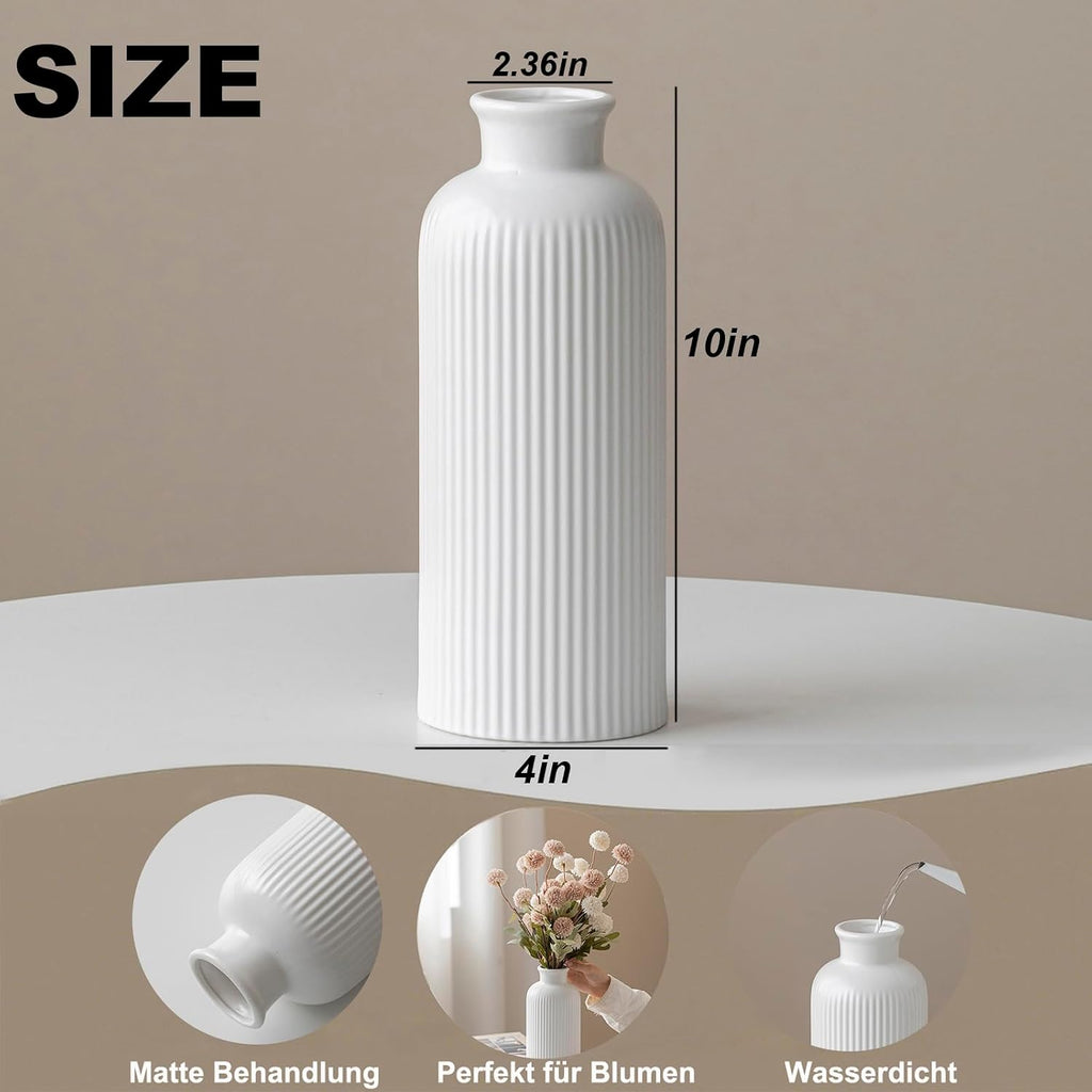 White Ribbed Ceramic Vase for Flowers, Modern Textured Decorative Vase, 10 Inch Tall, Farmhouse Style Home Decor (Matte Glaze White)