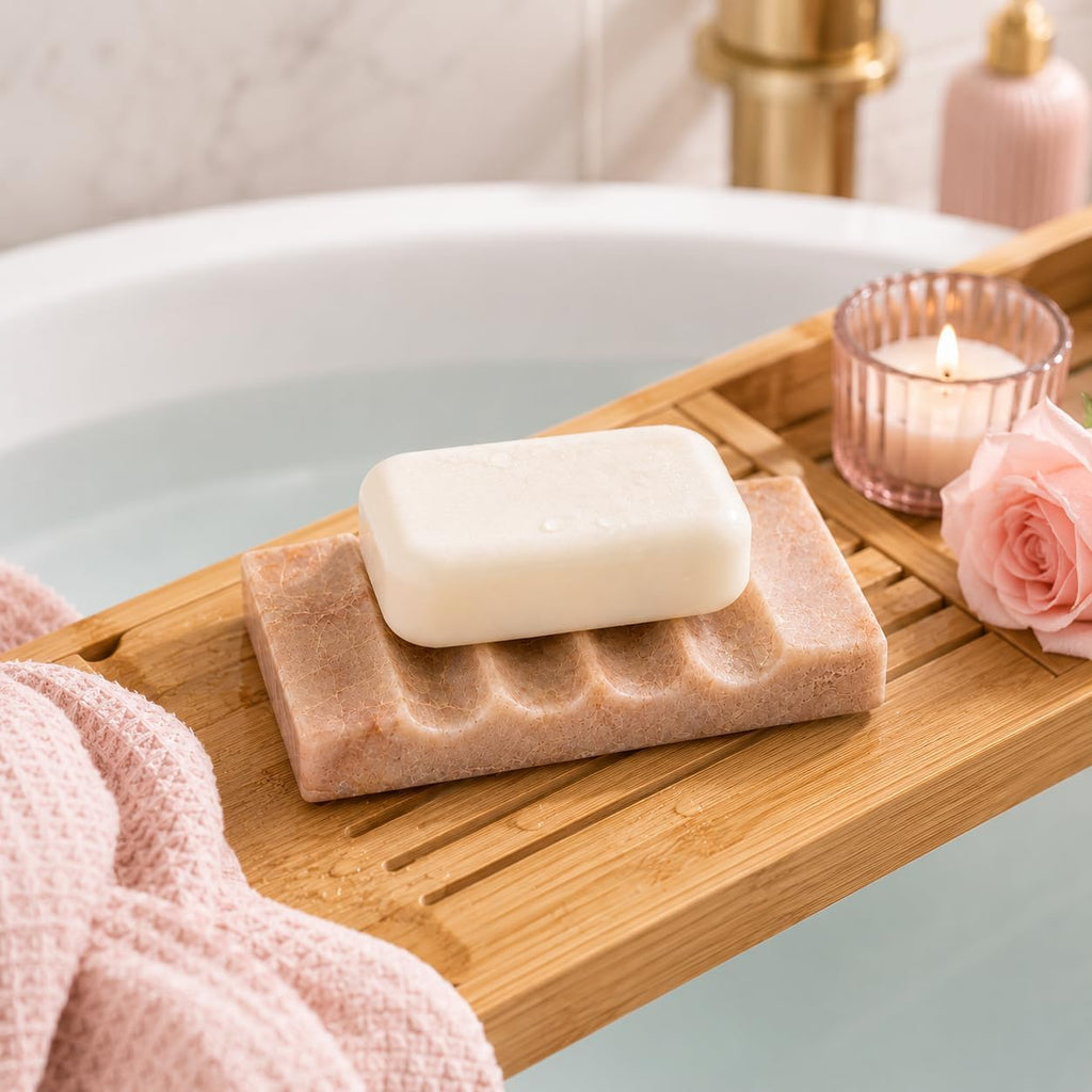 Pink Marble Soap Dish for Bathroom, Real Natural Marble Soap Holder with Drainage Groove, Luxury Decorative Small Soap Tray for Bathtub, Kitchen Sink & Shower, Pink Bathroom Accessories