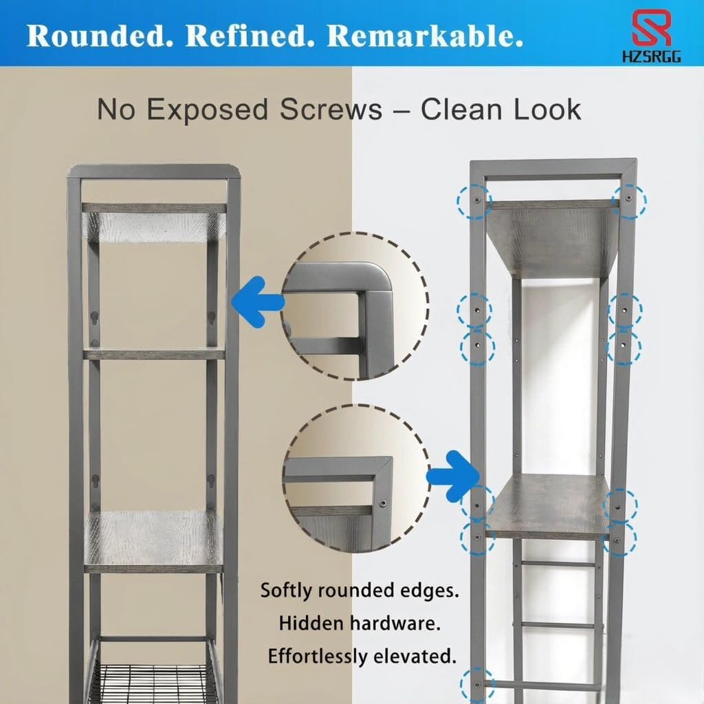 Over The Toilet Storage, 4-Tier Bathroom Organizer with V-Shaped Support & Pre-Welded Frame, Freestanding Rustproof Shelf with Toilet Paper Holder, Heavy Duty, 60" Tall, Grey