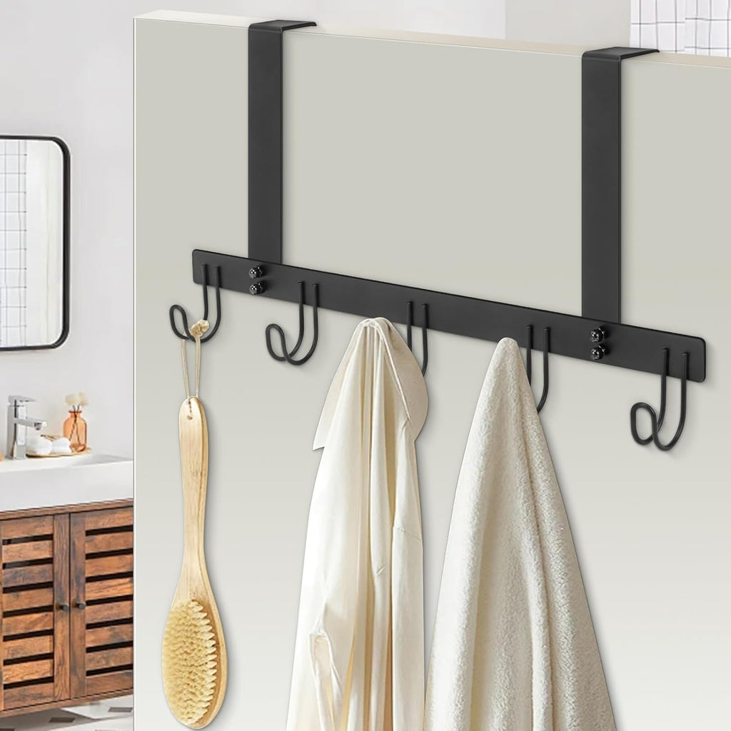 Over the Door Hooks, No Drill Door Towels Hanger, Metal Hanging Towel Holder with 5 Coat Hooks for Bathroom, Bedroom, Kitchen (Matte Black)