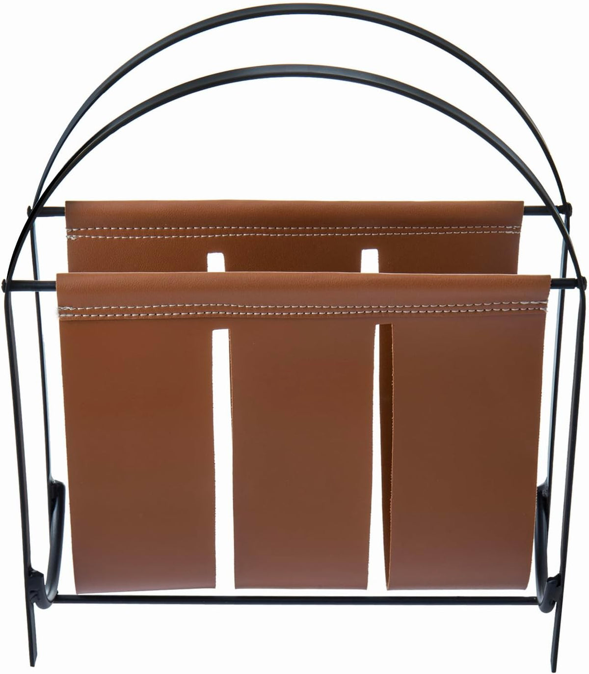 MyGift Black Metal and Caramel Brown Leatherette Magazine Rack – Tabletop or Floor Standing Sling Basket for Magazines, Newspapers, and Books