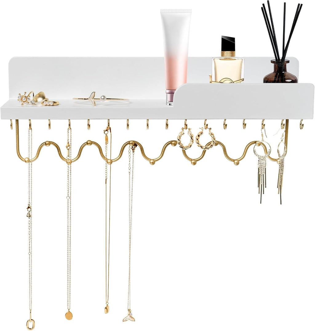 29 Hooks Wall Mount Necklace Holder Organizer, White Decorative Wood Jewelry Shelf with Gold Metal Wave Bar and Guardrail for Necklace, Pendant, Chain, Bracelet, White