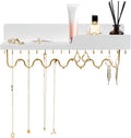 29 Hooks Wall Mount Necklace Holder Organizer, White Decorative Wood Jewelry Shelf with Gold Metal Wave Bar and Guardrail for Necklace, Pendant, Chain, Bracelet, White